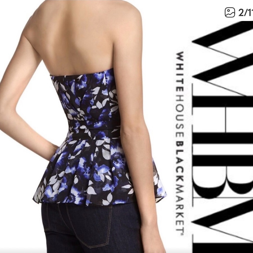 White House Black Market Strapless Floral Peplum Top in Black, Blue & White - Picture 2 of 4